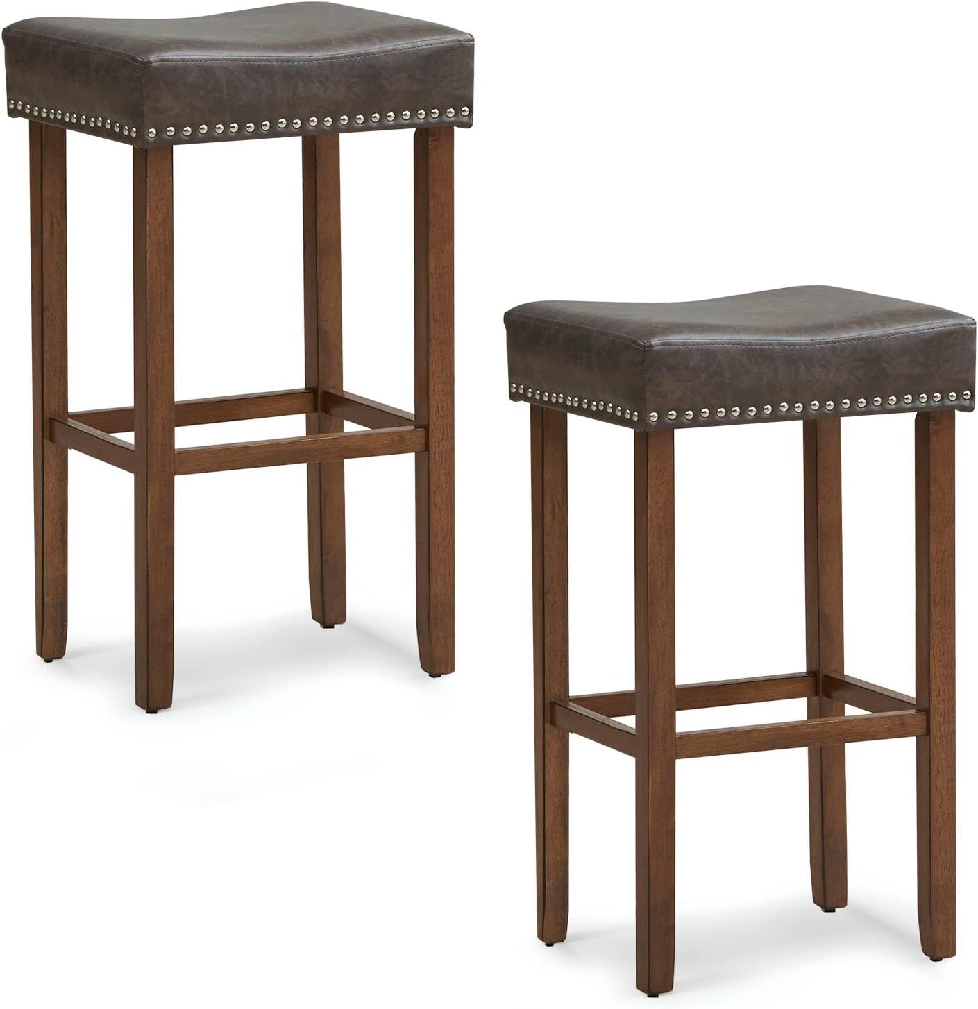 GiantexUK Bar Stools Set of 2, PU Leather Kitchen Saddle Stools with Rubber Wood Legs, Footrests & Non-Slip Foot Pad