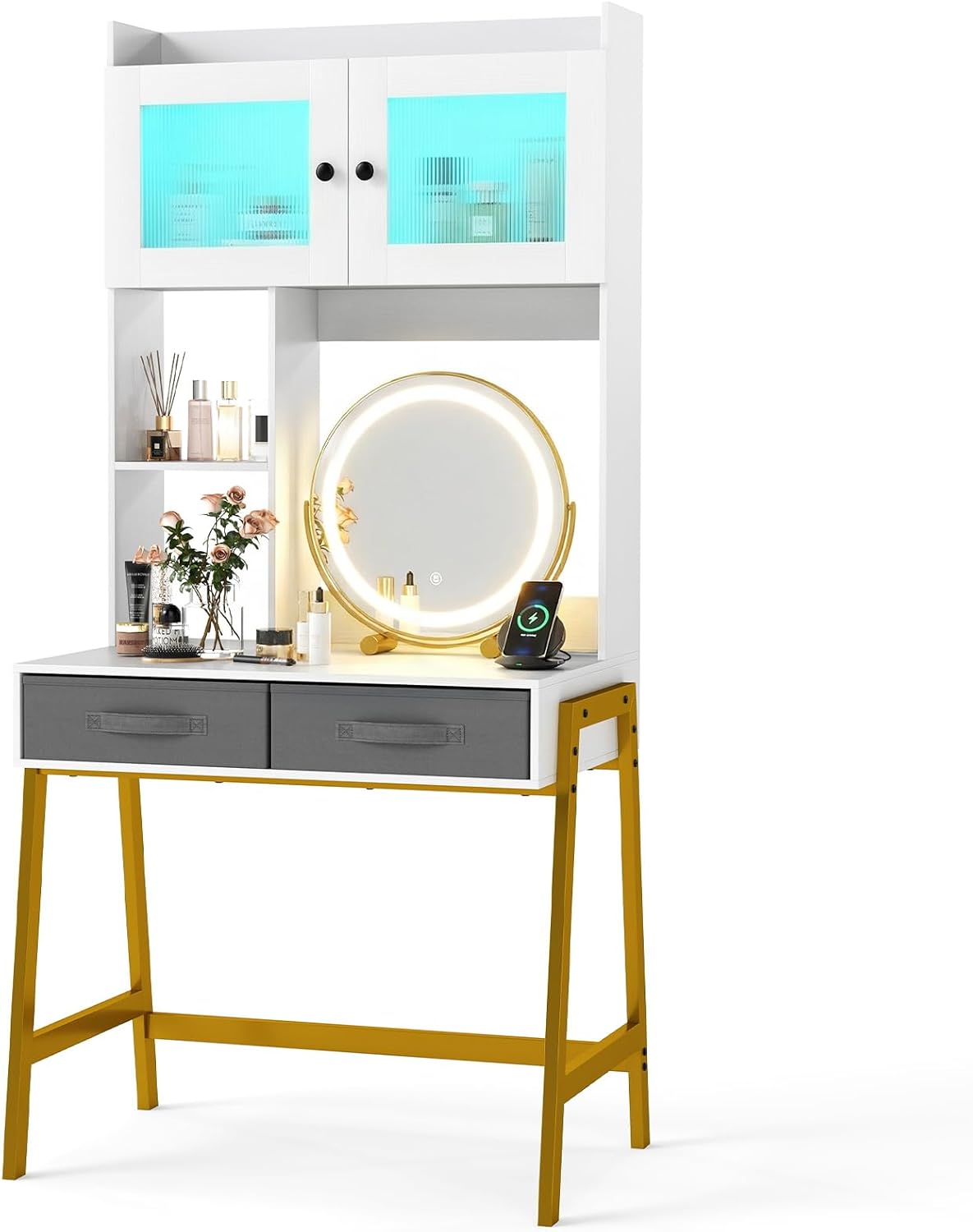 Dressing Table with 360° Rotation LED Vanity Mirror, Makeup Table Vanity Desk