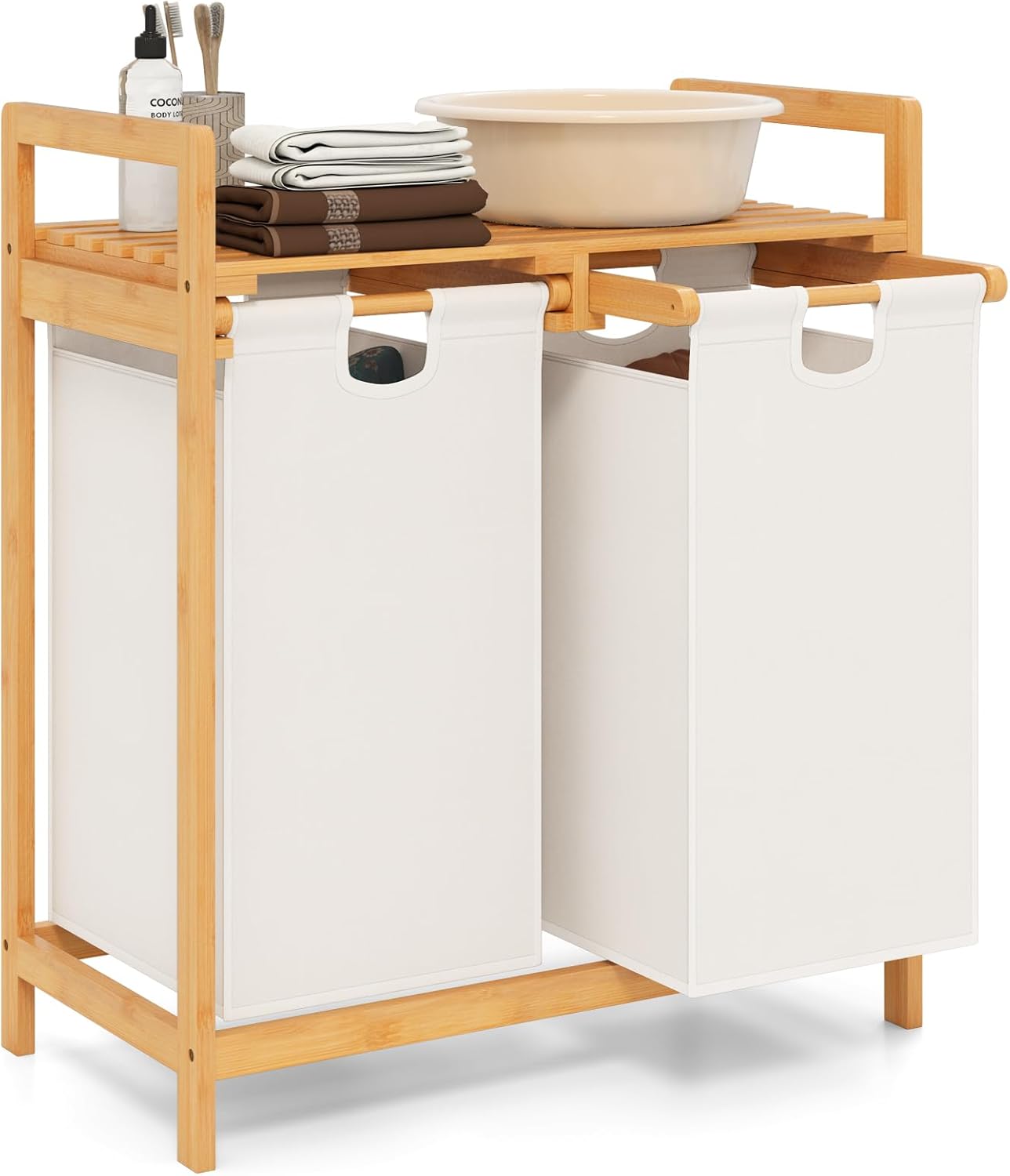 Bamboo Laundry Hamper with Dual Compartments and Removable Sliding Bags