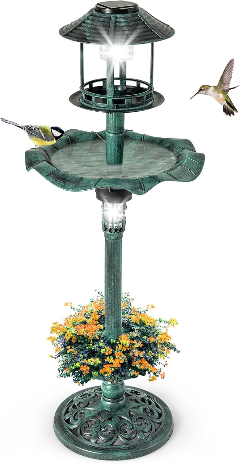 4 in 1 Bird Feeder and Bath with Solar Lights & Flower Planter Base