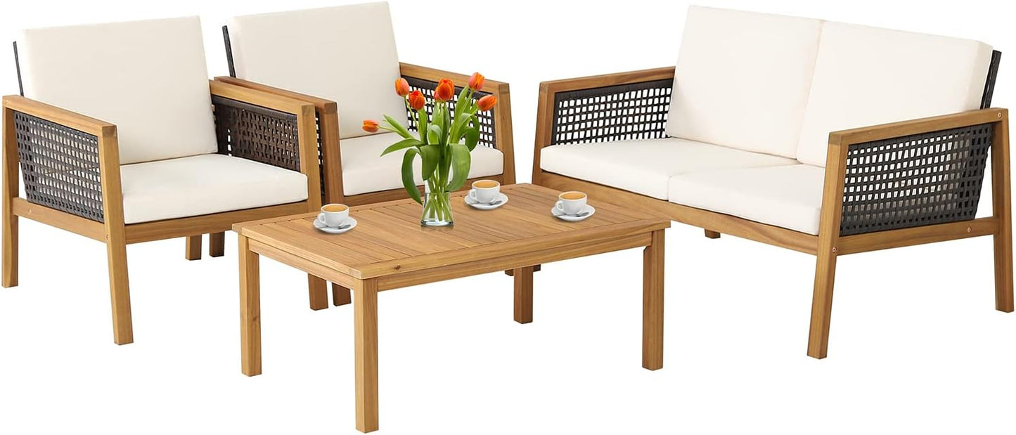 4 PCS Acacia Wood Rattan Patio Conversation Set with Loveseat and Coffee Table