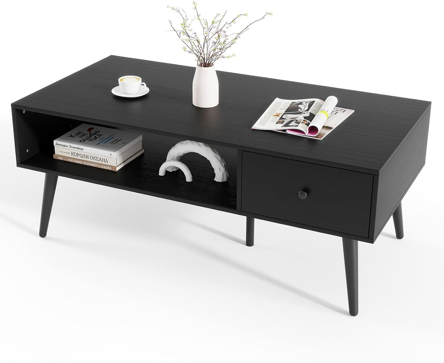 109cm Rectangular Wooden Coffee Table with Drawer and Storage Shelf