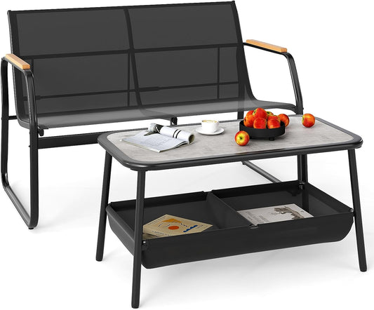Giantex 2 Pieces Garden Furniture Set Outdoor Loveseat Bench and Coffee Table with 2 Storage Compartments