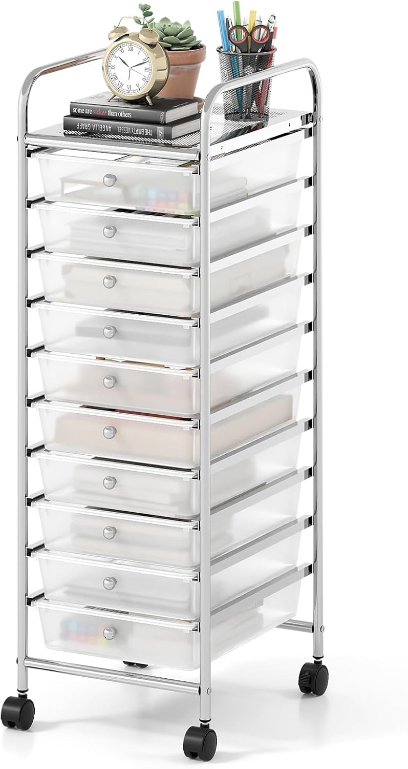 10 Drawers Storage Trolley, Home Office Stationary Rolling Cart with 4 Wheels