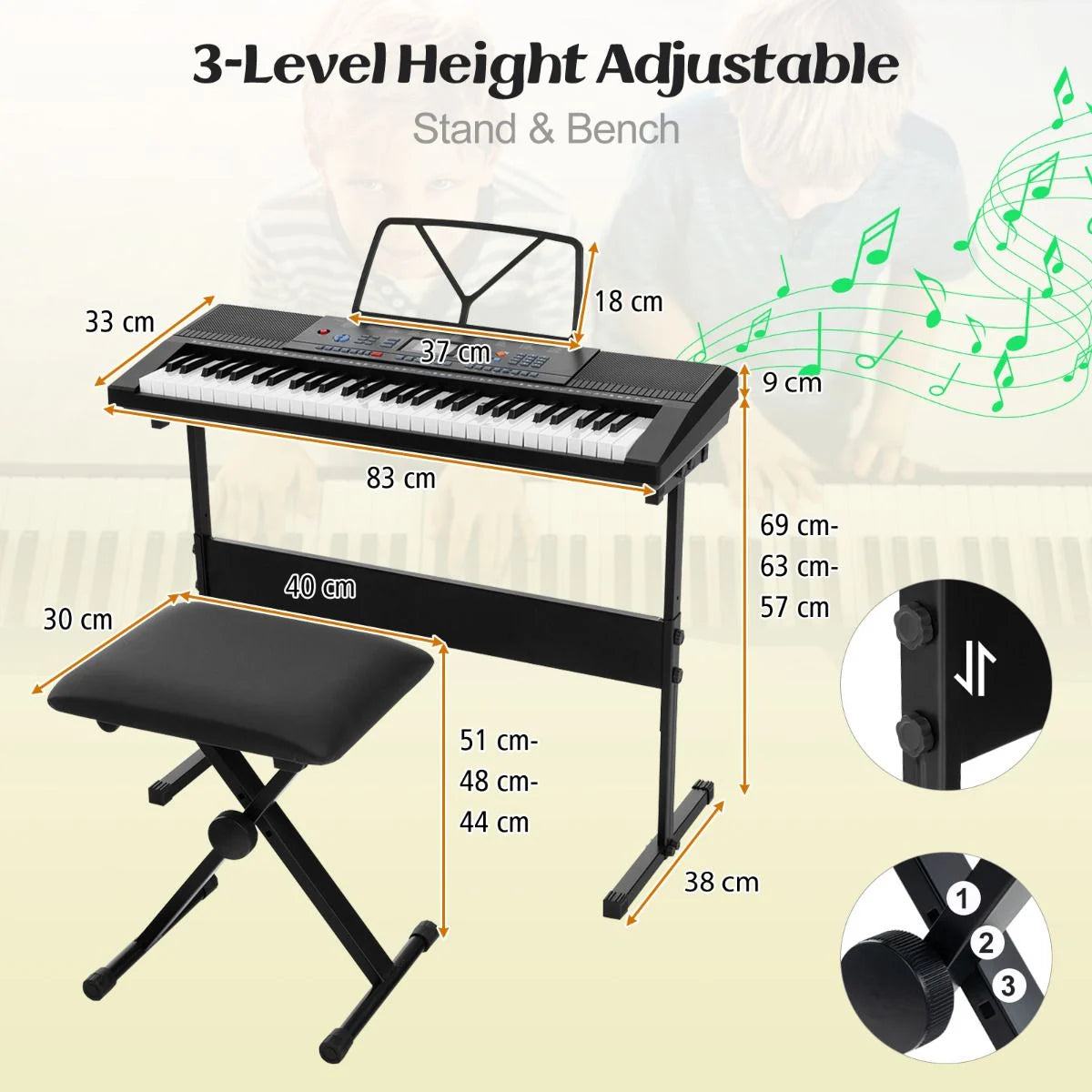 61-Key Portable Electronic Keyboard Piano Set with Stand and Stool