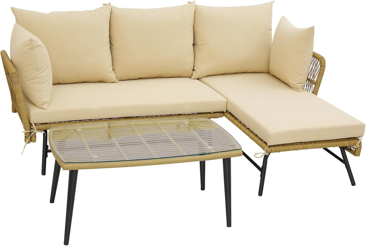 3 Pieces L Shaped Patio Conversation Set with Cushions & Tempered Glass Table
