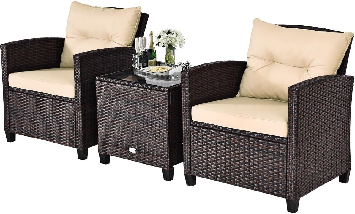Metal Frame Garden Coffee Table and Sofa Chairs Set with Cushions