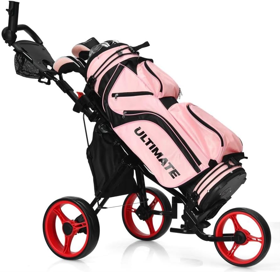 Golf Push Pull Cart with Storage Bag and Foot Brake