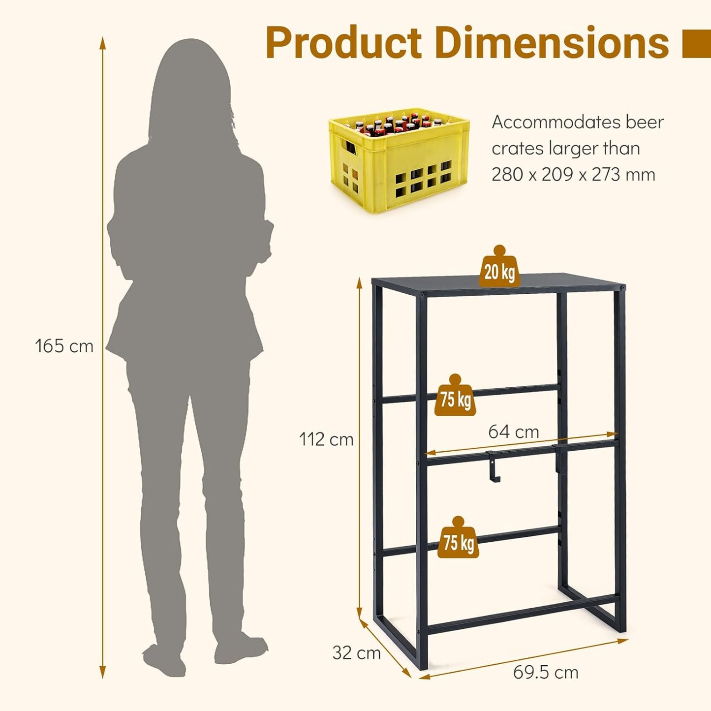 3-Tier Drink Crate Rack, Metal Bottle Storage Shelf with 3 Adjustable Angles & 2 Hooks