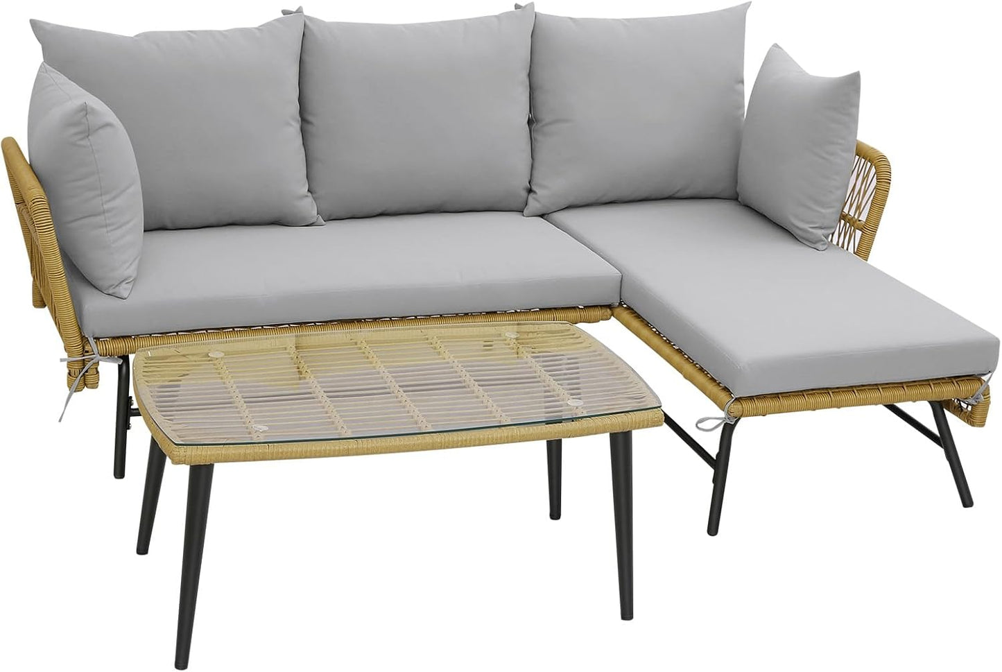 3 Pieces L Shaped Patio Conversation Set with Cushions & Tempered Glass Table