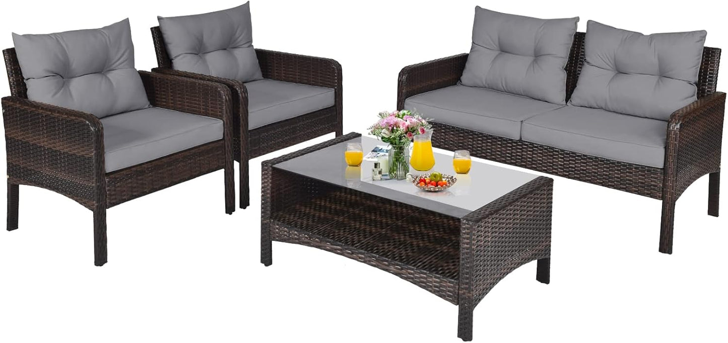 4-Piece Garden Rattan Conversation Furniture Set with Tempered Glass Table