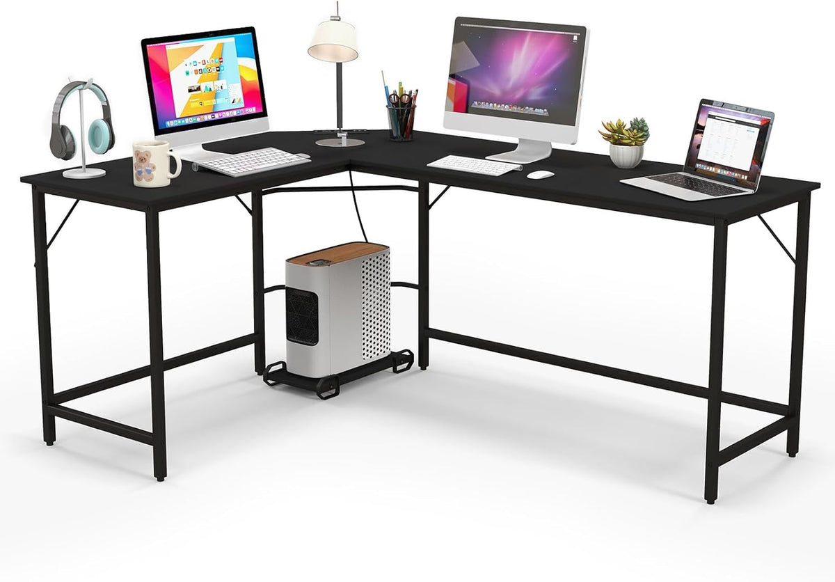 下架-排插有问题L-Shaped Computer Desk, 168cm Metal Frame Corner Writing Workstation with Charging Station