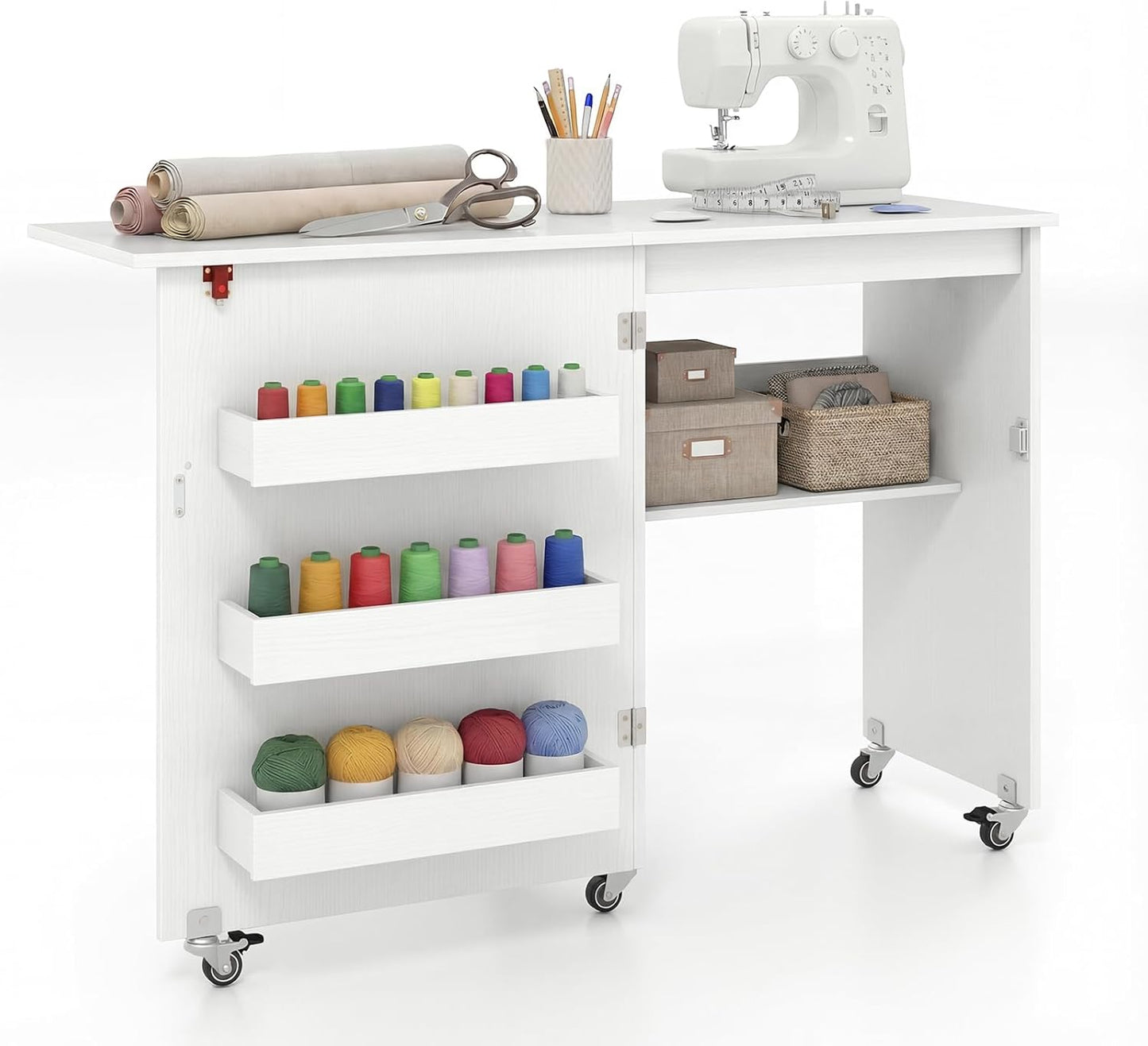 Folding Sewing Table with Storage Shelf and 3 Hidden Bins for Home