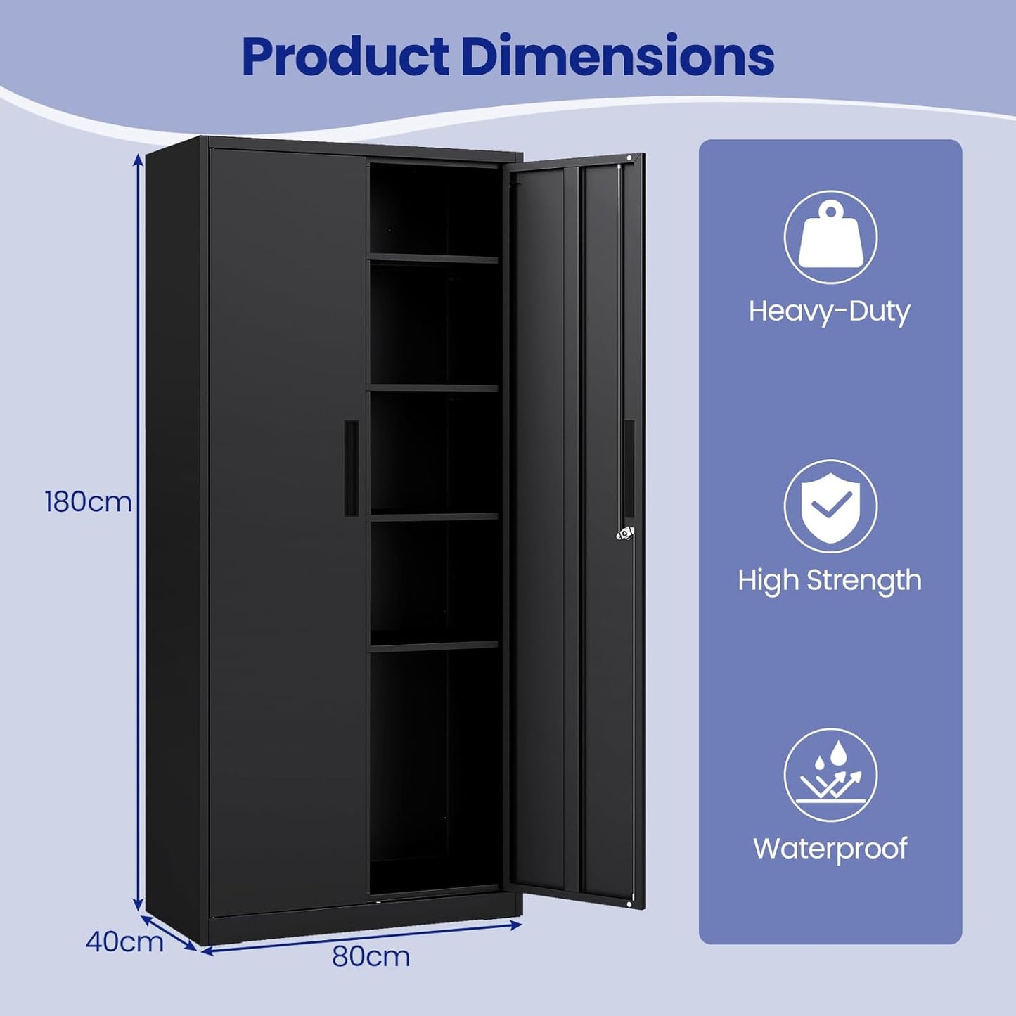 Metal Storage Cabinet, 180CM Steel Tall Cupboard with 2 Lockable Doors