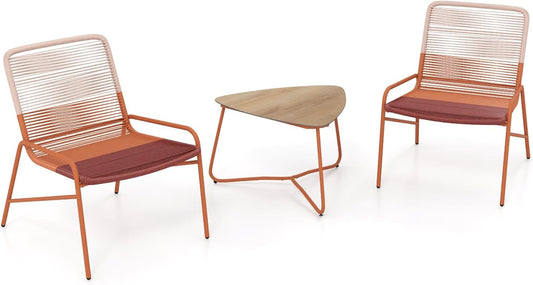 Outdoor Rattan Furniture Set with 2 Gradient Chairs and Wood-Plastic Side Table