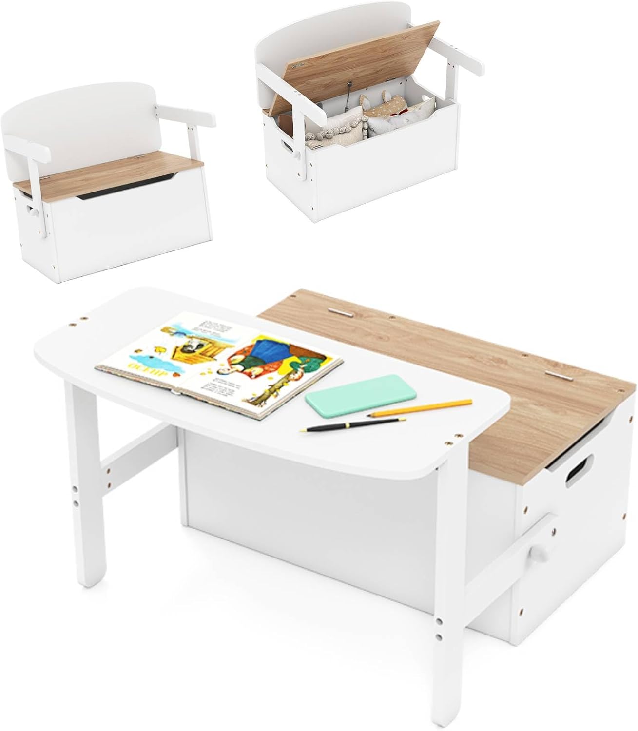 3 in 1 Toddler Table and Chair Set, Convertible Kids Bench Storage Chest with Safety Hinge