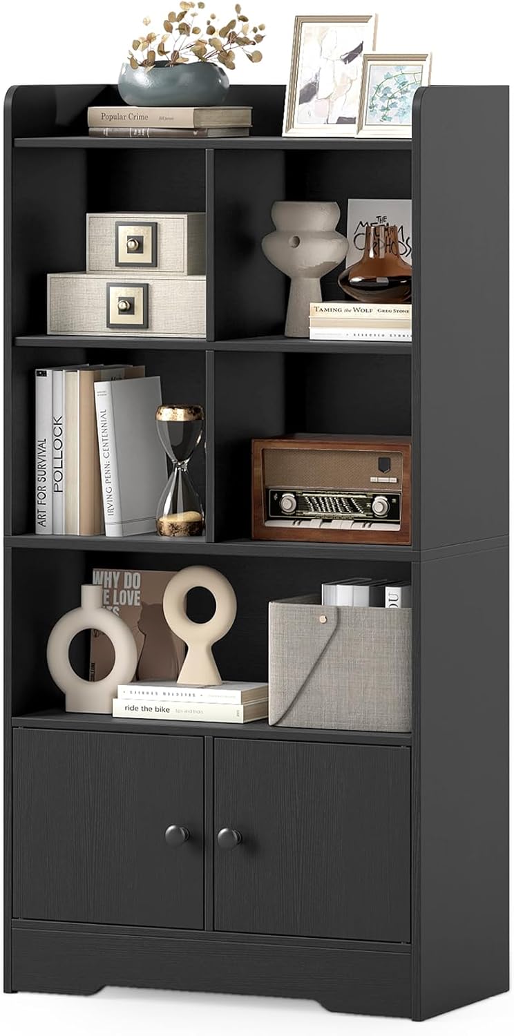 Freestanding Bookcase with 2 Storage Cabinets and 5 Cubbies