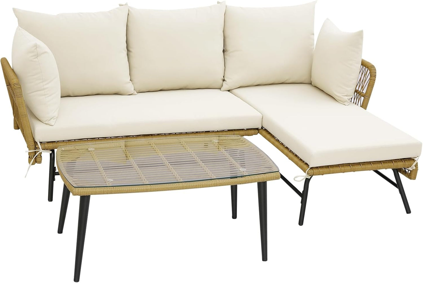 3 Pieces L Shaped Patio Conversation Set with Cushions & Tempered Glass Table
