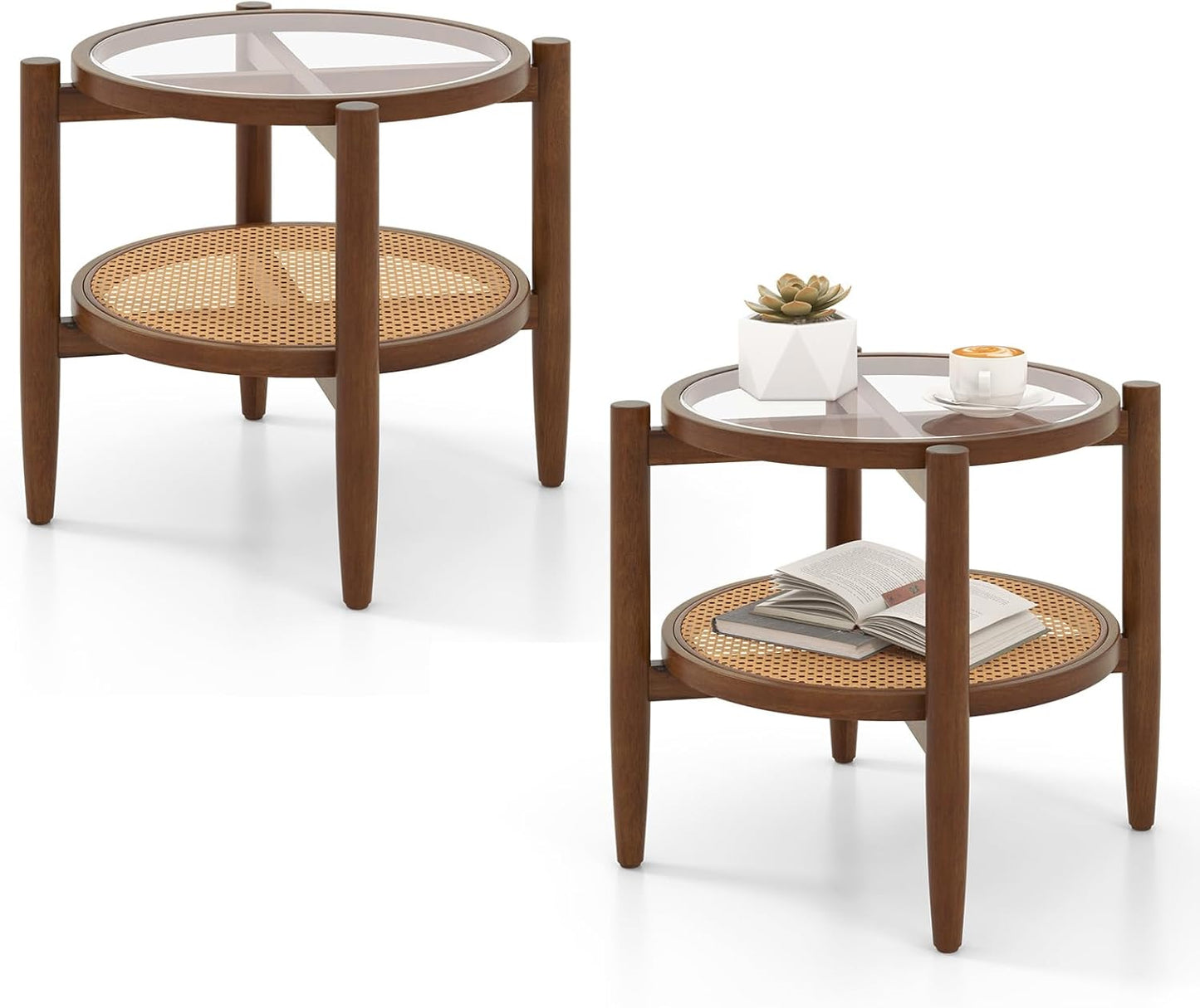 2-Tier PE Rattan Round Side End Table with Tempered Glass Tabletop