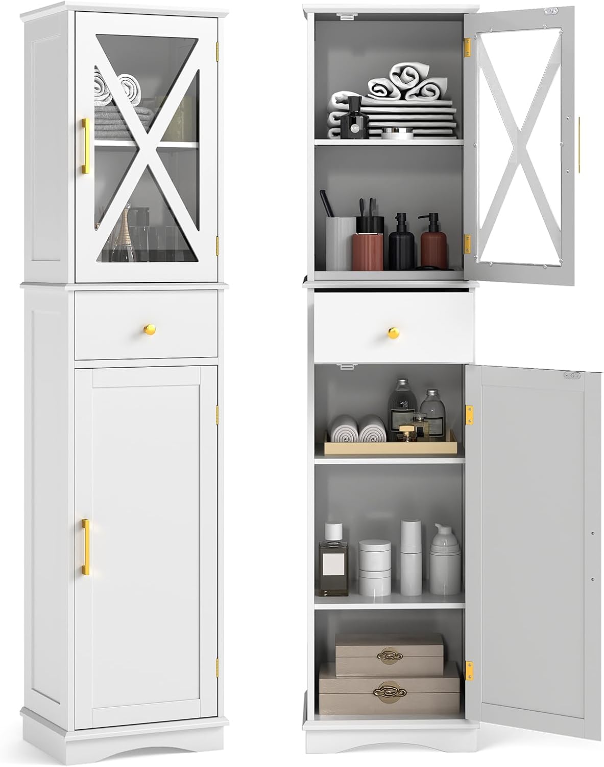 Wooden Freestanding Bathroom Tall Cabinet with 2 Doors & Adjustable Shelves