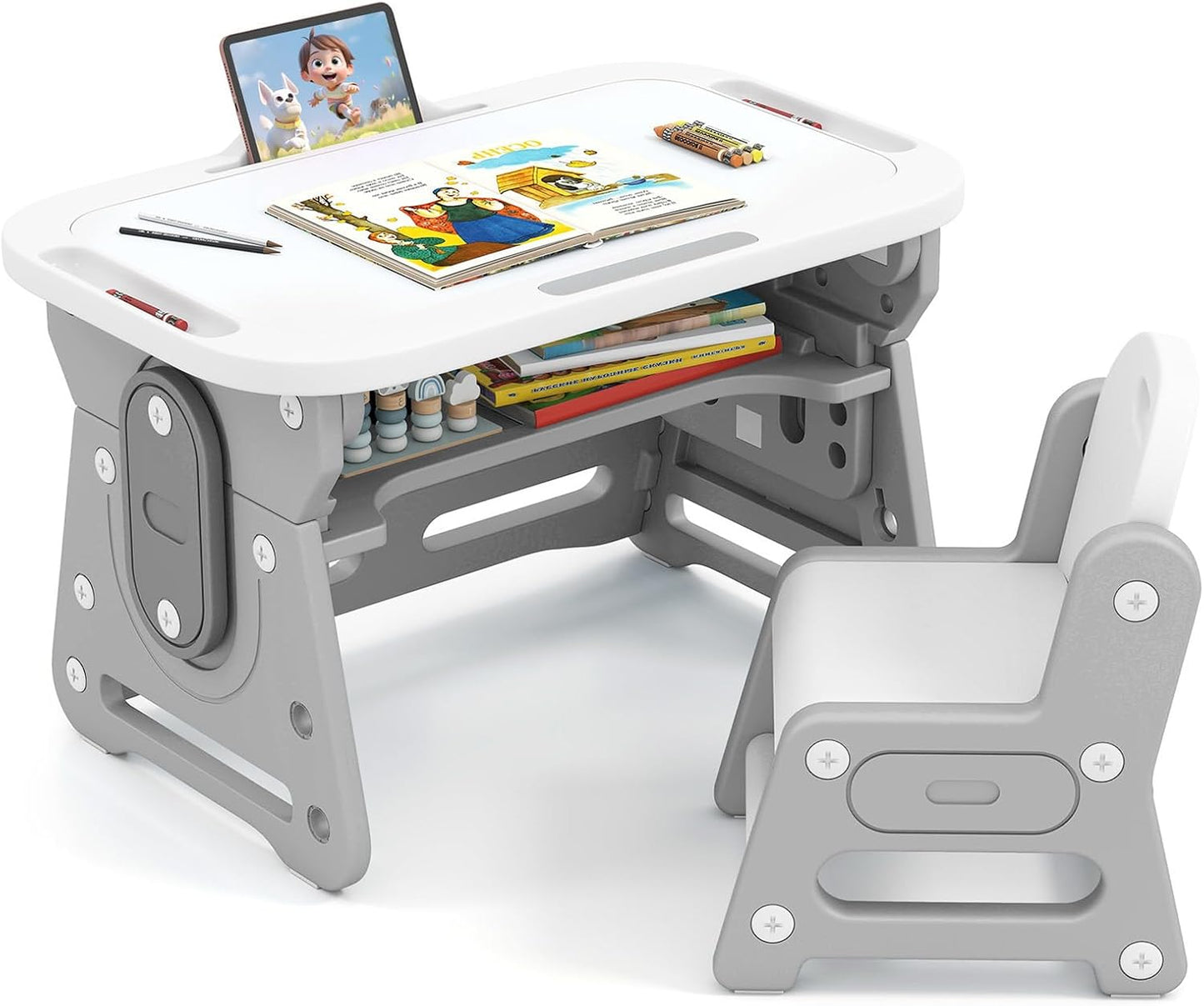 Kids Table and Chair Set with Tiltable Whiteboard and Book Stand