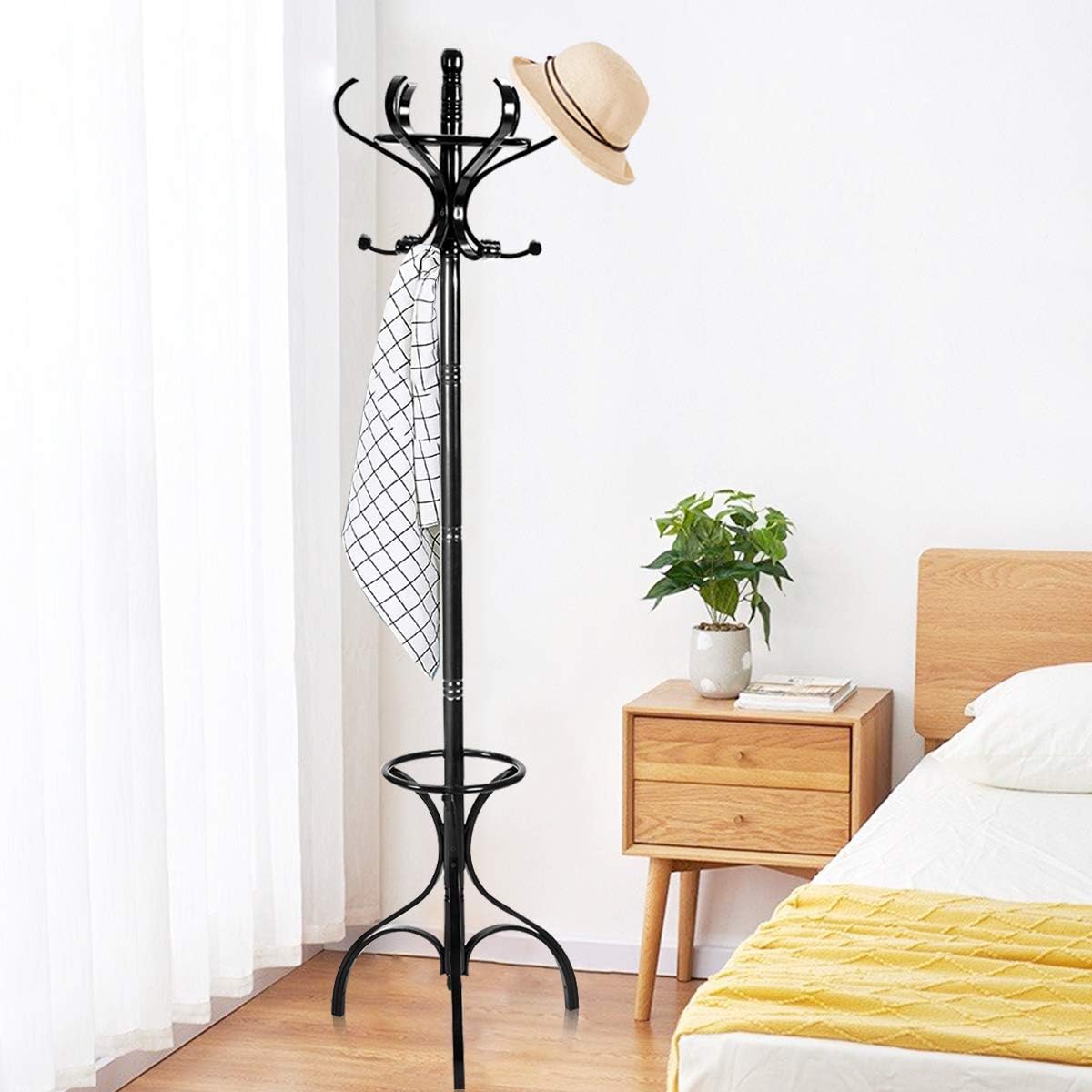 GiantexUK Rotating Coat Hat Rack, Wooden Freestanding Clothes Hanger with 12 Hooks