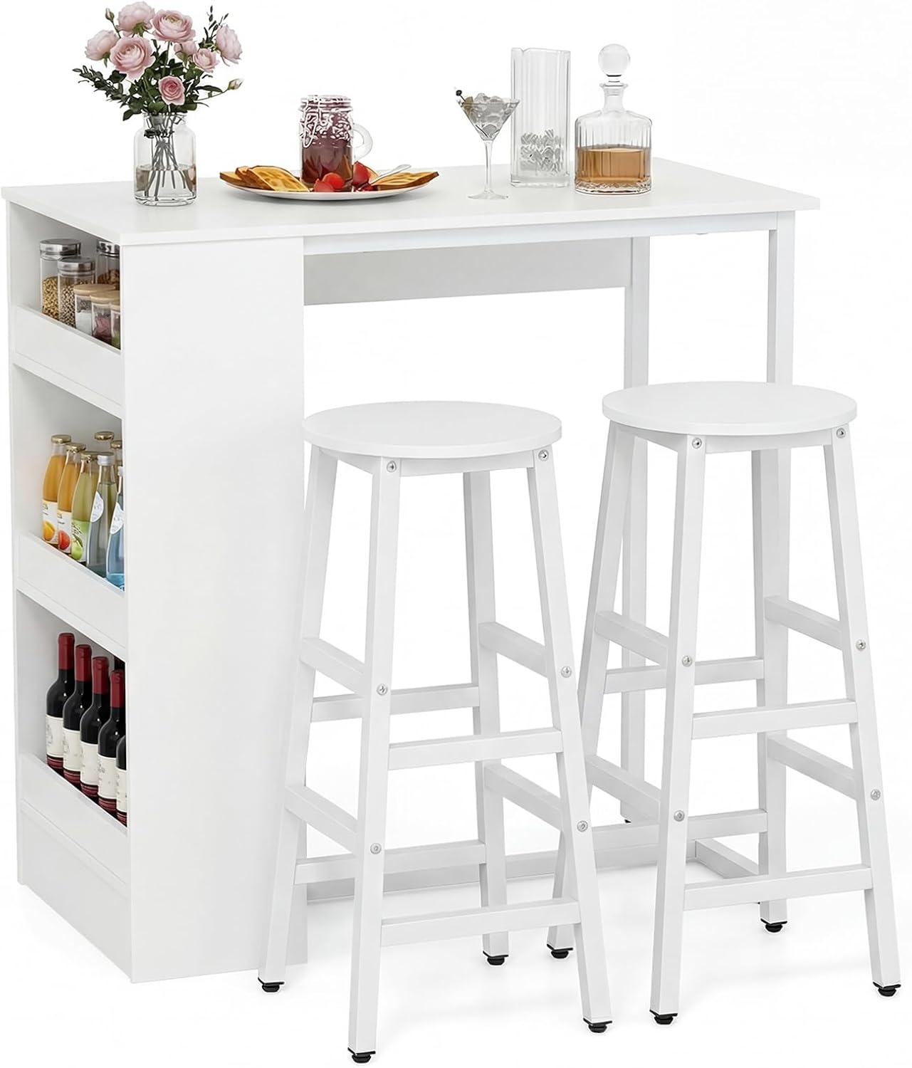 3 Piece Bar Table Set, Dining Table and 2 Stools with 3-Tier Side Shelves & Footrest