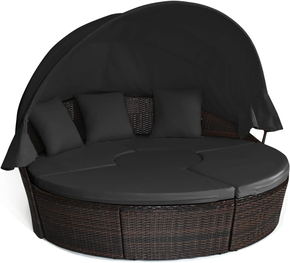 Patio Wicker Sun Bed Sectional Sofa Set with Retractable Canopy