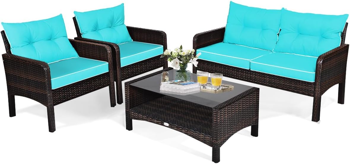 4-Piece Garden Rattan Conversation Furniture Set with Tempered Glass Table