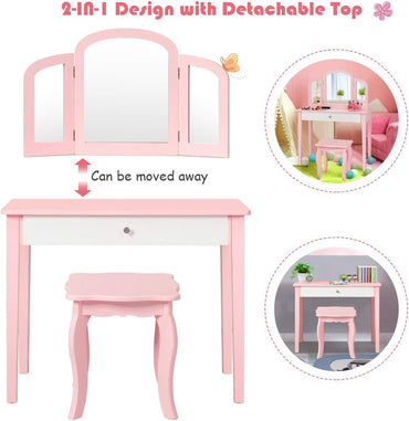 Kids Vanity Table and Stool Set Princess Makeup Dressing Table
