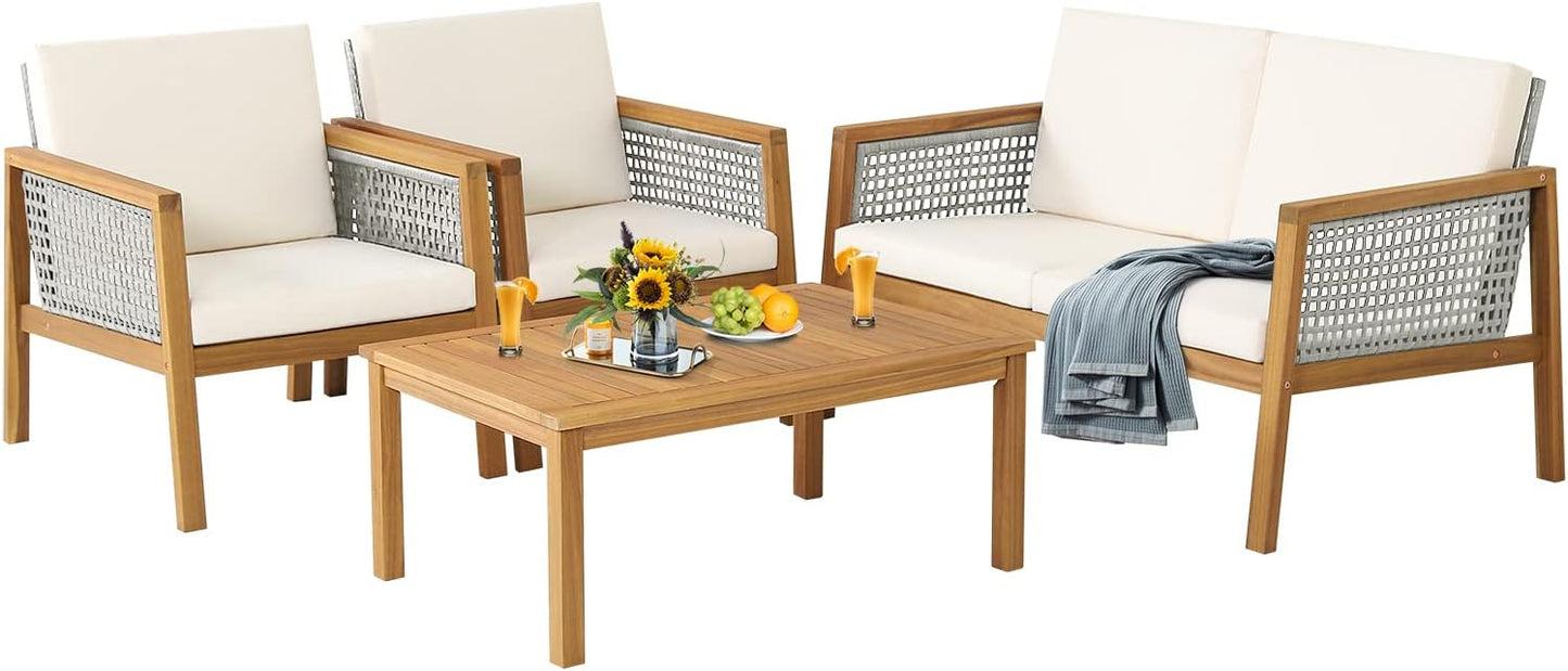 Acacia Wood Rattan Patio Conversation Set with Loveseat