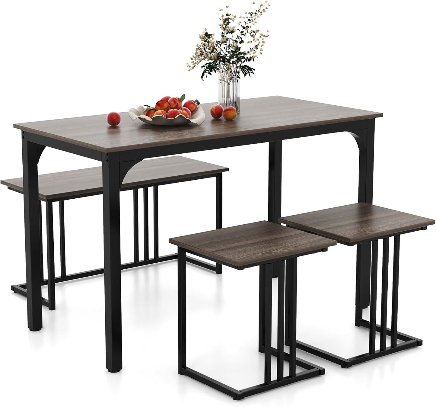 Metal Frame Dining Table and 2 Stool Set with 1 Bench