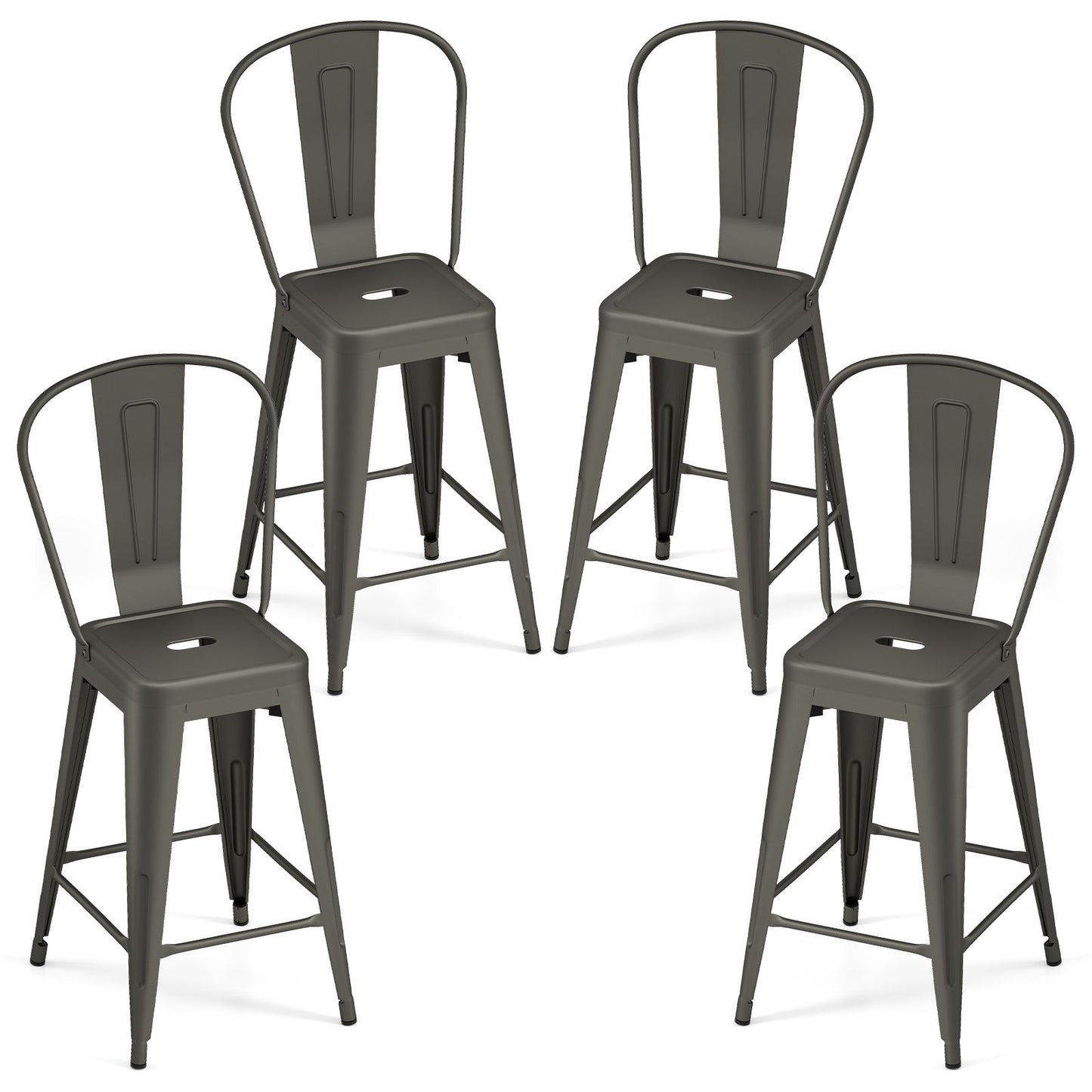 62 cm Metal Bar Stools Set of 4 with Backrests and Footrests