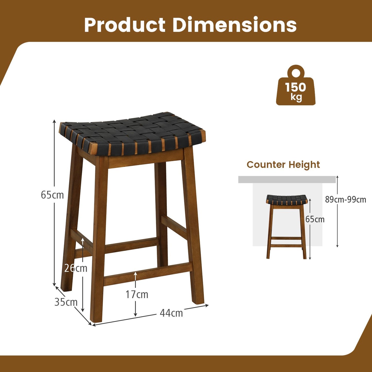 Faux PU Leather Counter Height Stools Set of 2 with Woven Curved Seat