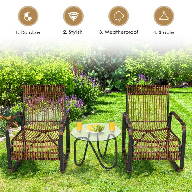 3 Piece Rattan Furniture Set with 2 Armchairs and Glass Coffee Table