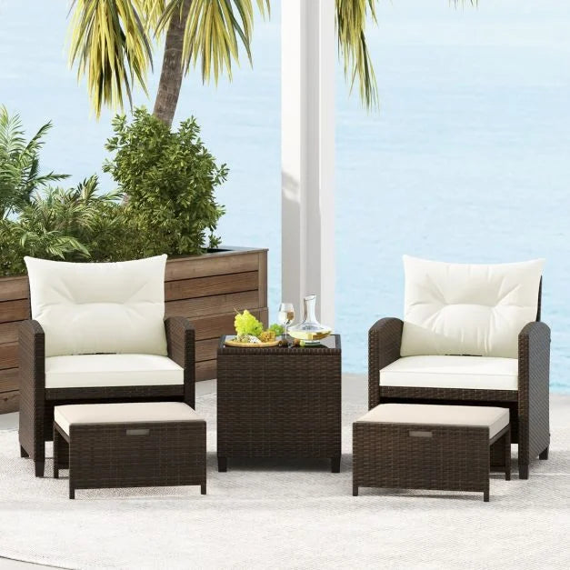 5 Piece Patio Rattan Furniture with 2 Ottomans and Tempered Glass Coffee Table