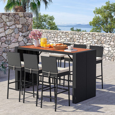 7-Piece Patio Bar Dining Set PE Rattan Furniture Set with Acacia Wood Tabletop and Soft Cushions
