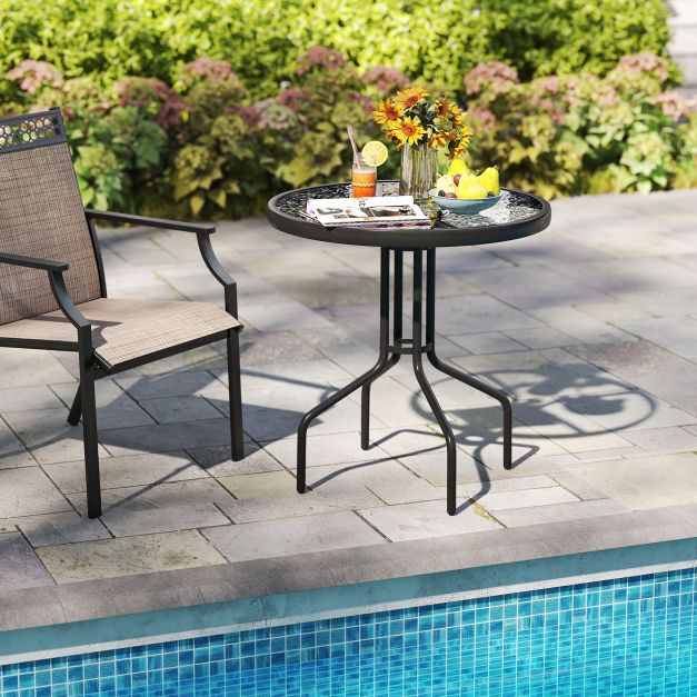 70CM Patio Dining Table with Heavy-Duty Metal Frame and Rippled Tempered Glass Top