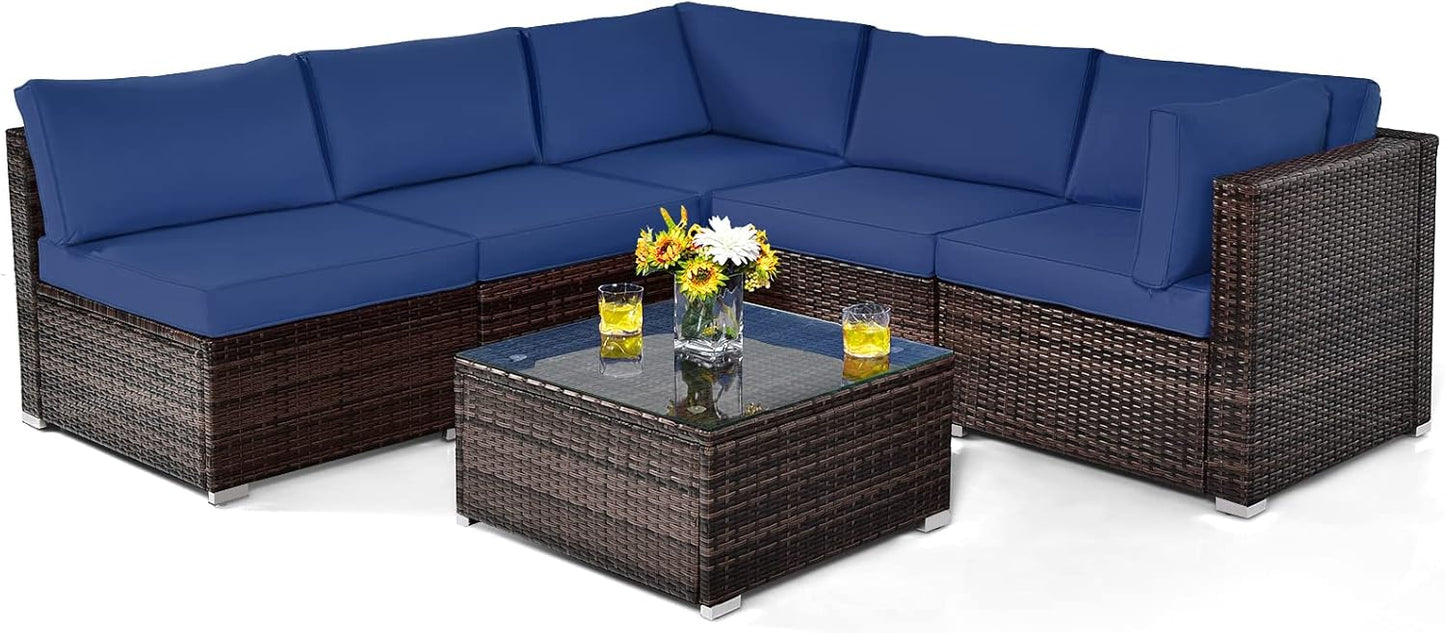 6 PCS Corner Patio Conversation Sofa Set with Tempered Glass Table and Cushions