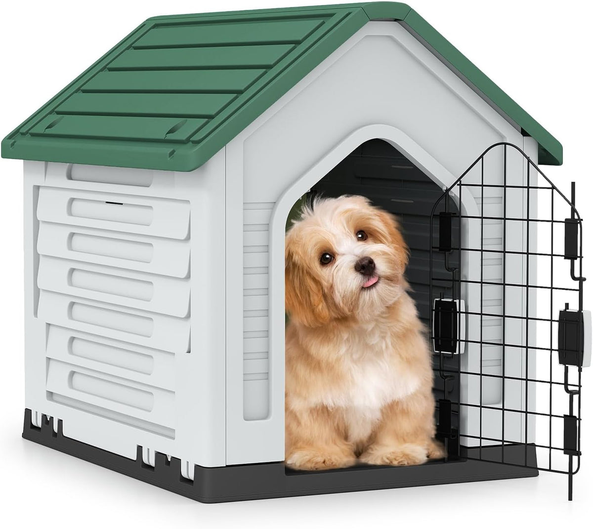 Plastic Dog House, Indoor Outdoor Pet Shelter with Metal Lockable Door