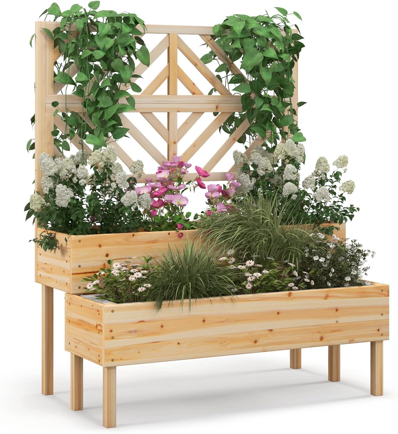 2-Tier Wooden Raised Garden Bed with Trellis and Drainage Holes