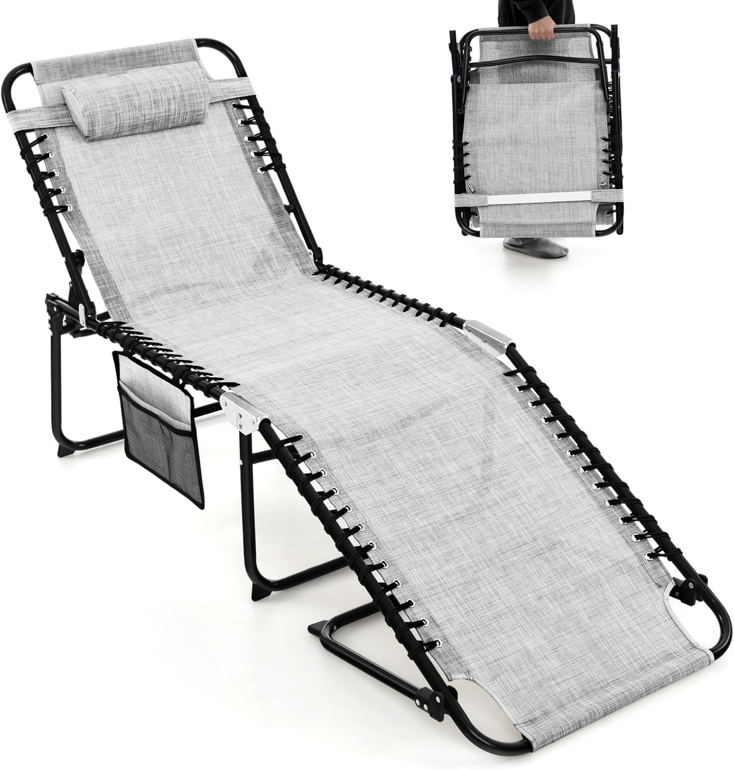 4-Level Adjustable Garden Reclining Chaise Lounge Chair Sunbed with Pillow & Side Pocket