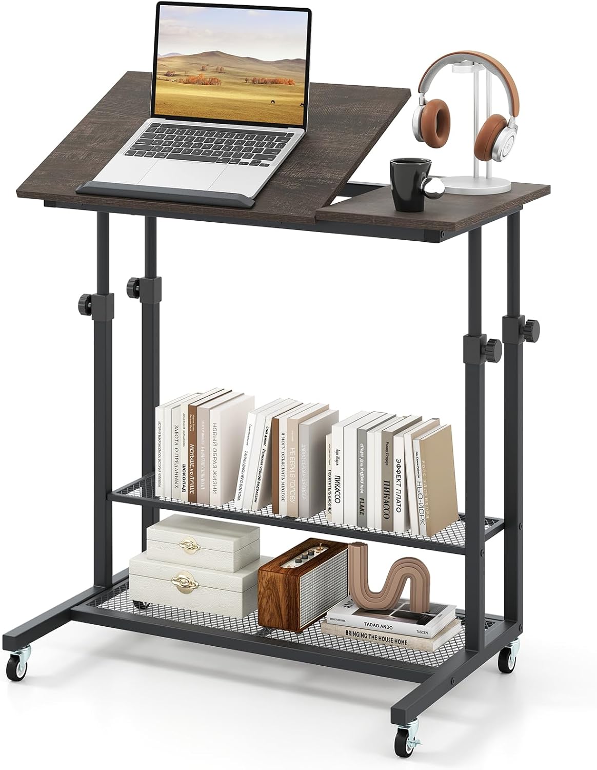 80 x 50cm Height Adjustable Mobile Laptop Table Computer Desk with Tilting Tabletop