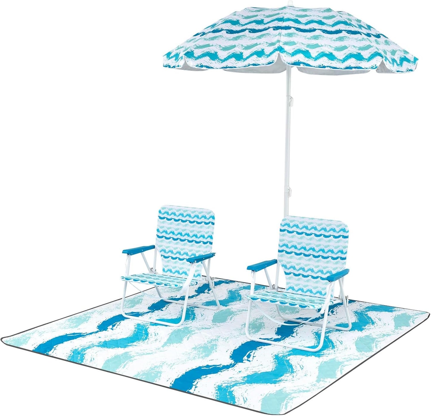 4 Pieces Beach Umbrella Set with 2 Foldable Chairs and Picnic Blanket
