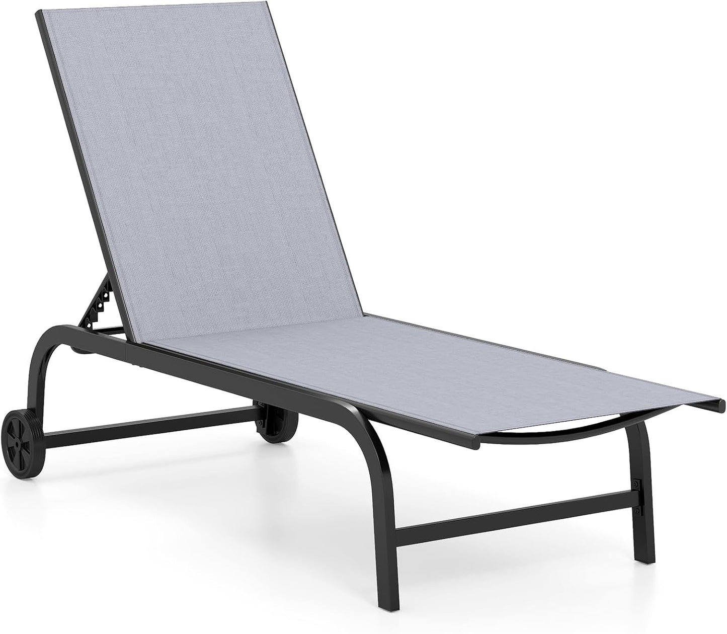 Garden Sun Lounger with Wheels, 6 Positions Adjustable Outdoor Chaise Lounge Chair
