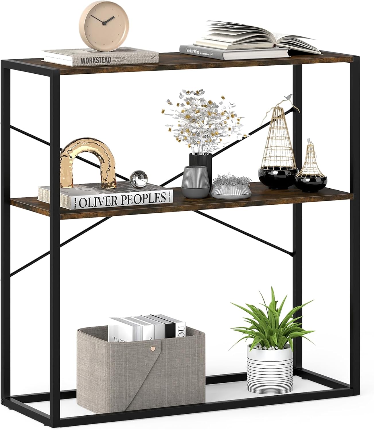 2-Tier Entryway Table with Marble Textured Open Shelves and Metal Frame