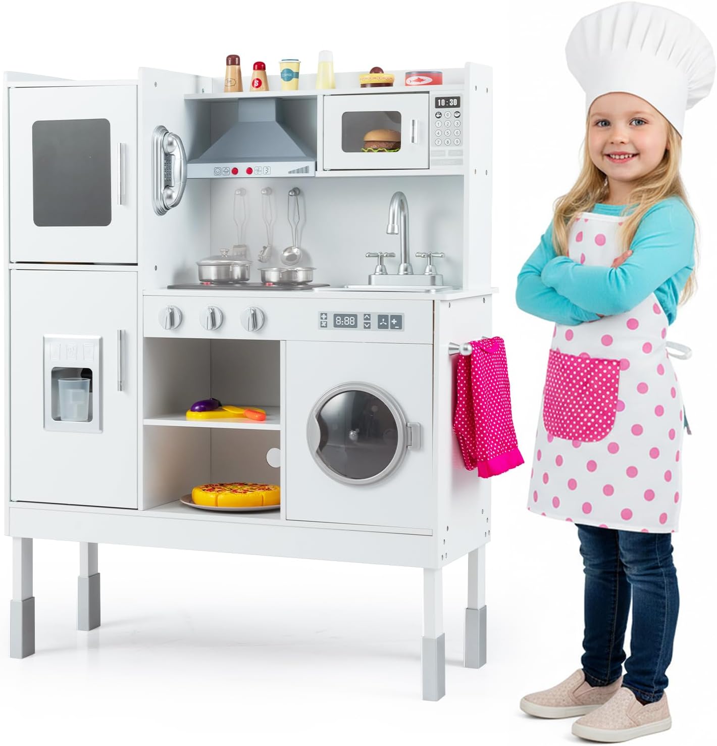 Height Adjustable Wooden Kid Play Kitchen Set with Sounds