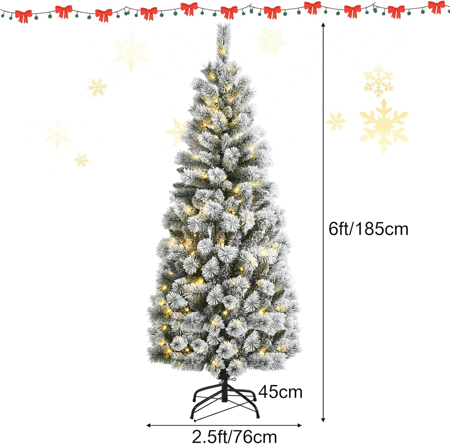 5ft/6ft Pre-lit Artificial Christmas Tree, Hinged Snow Flocked Xmas Tree with 140/200 LED Lights