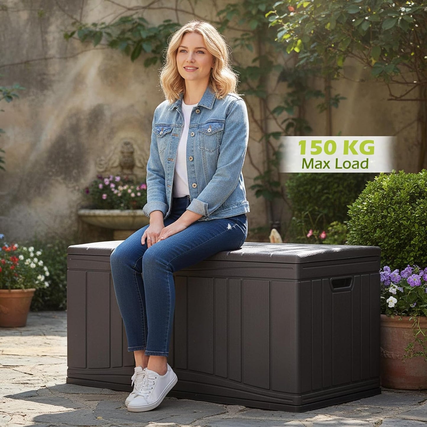 Garden Storage Box, Waterproof Resin Deck Box Bench with Lockable Lid