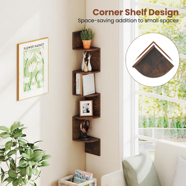 5-Tier Corner Shelf Wall Mount Floating Corner Bookshelf Corner Ladder Shelf